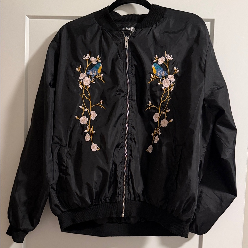 Boohoo Black Floral Embroidered Bomber Jacket